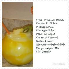 the fruit passion bowl is filled with pineapple juice and peaches