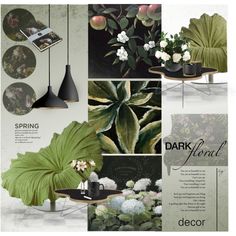 a collage of green and white flowers, plants, and pictures with text that reads dark floral