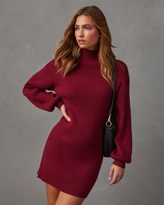 The Anastasia Mock Neck Knit Sweater Dress is serving cozy and chic vibes for any event on your calendar. Designed in a comfy, ribbed knit fabric with stretch, this mini-length dress has roomy, long sleeves and a mock neckline. We recommend styling it with ankle booties! Fits true to size Mock neckline Roomy, long slee Fall Mini Sweater Dress Solid Color, Maroon Sweater Dress Outfit, Wine Colored Sweater Dress, Maroon Sweater Dress, Burgundy Sweater Dress, V-neck Knit Sweater Dress With Stretch, Western Wear Dresses, Burgundy Sweater, Mock Neckline