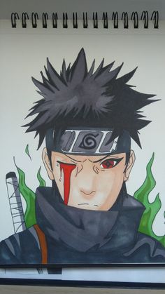 a drawing of a man with black hair and red eyes