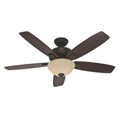 a ceiling fan with two brown blades and a light on the top one is turned off