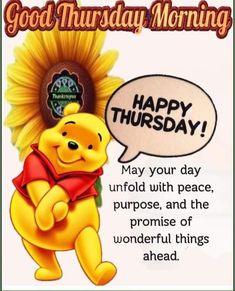 winnie the pooh is holding a sunflower with a thought bubble saying good friday morning