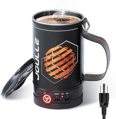 a coffee mug with steam coming out of it and an electronic device connected to it