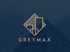 the logo for grey max is shown in front of tall buildings with gold lines on them