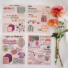 three different types of stickers and flowers on a white sheet with pink paper behind them