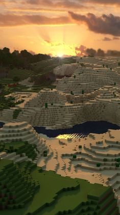 the sun is setting over an island in minecraft