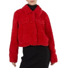 Michael Kors Ladies Outerwear. SKU: MH91EXXD3Y-610. Color: Red. Michael Kors Ladies Faux Sherpa Trucker Jacket In Red. Crafted from faux sherpa in a slightly croped silhouette, this jacket from Michael Kors features a pointed collar, front button closure, 2 front pockets with button closure, long sleeves, buttoned cuffs and a straight hem. Size: S.  Gender: female.  Age Group: adult. Sherpa Trucker Jacket, Leather Jacket With Hood, Fleece Jacket Womens, Tailored Coat, Small Clothes, Womens Fleece, Trucker Jacket, Leather Jackets Women, Red Jacket