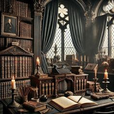 an old fashioned desk with many books and candles