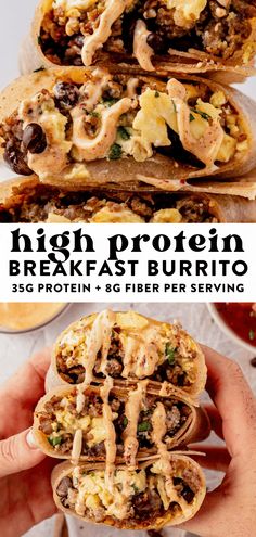 an image of high protein breakfast burritos stacked on top of each other with text overlay