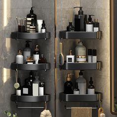 two black shelves filled with different types of bathroom items