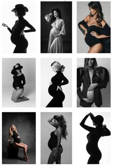 black and white photos of pregnant women in different poses, with one woman wearing a hat