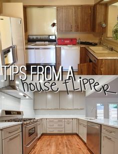 two pictures with the words tips from a house flipper on top of them and an image of a kitchen