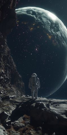 an astronaut standing on the moon looking at stars in the sky and earth behind him