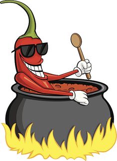 a cartoon hot chili pepper with sunglasses cooking in a caulder full of fire