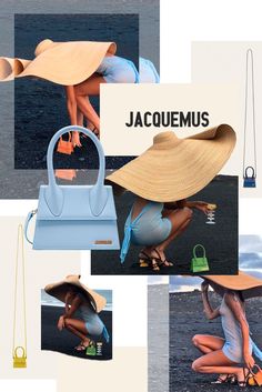 a collage of photos with hats and purses on the same page, including an ad for jacquemus