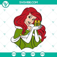 the little mermaid is holding a present in her hand and she has long red hair