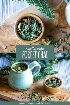 how to make forest chai with herbs and spices on a cutting board next to it