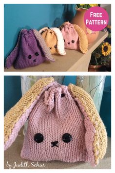 three knitted bags with faces on them, one is pink and the other is purple