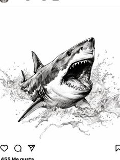 a black and white drawing of a shark with its mouth open, in the water