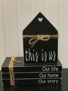 this is us, our life, our home and our story stacked wooden blocks with twine