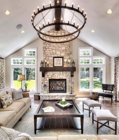 a living room filled with furniture and a fire place in the middle of a room