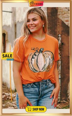 Orange Pumpkin Graphic Print Crew Neck T Shirt Casual Graphic Print T-shirt For Fall, Fall Graphic Print Crew Neck Tops, Casual Fall T-shirt With Graphic Print, Fall Relaxed Fit Short Sleeve Tops, Casual Fall Tops With Short Sleeves, Relaxed Fit Short Sleeve Tops For Fall, Fall Crew Neck T-shirt With Graphic Print, Fall Graphic Print Crew Neck T-shirt, Trendy Screen Print T-shirt For Fall