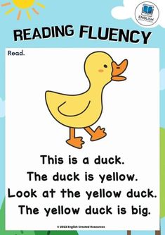 a yellow duck with the words reading flueny on it's back ground