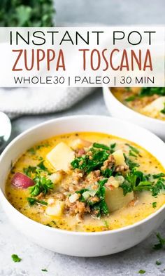 two bowls of instant pot zupa toscana soup