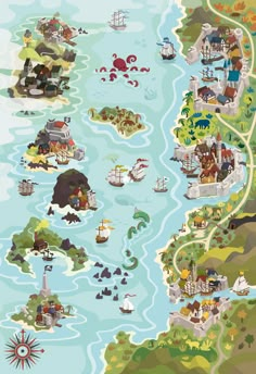 an illustrated map with many different types of houses and boats in the water, along with other