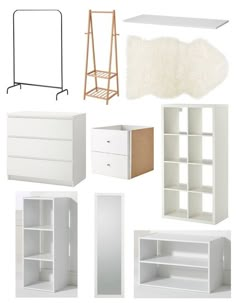 an assortment of white furniture including bookshelves, dressers and shelving units