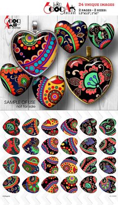 an assortment of heart shaped ornaments with different colors and designs on them, including one in the