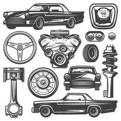 various types of car parts in black and white