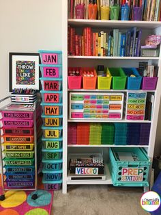 colorful bookshelves and bins in a playroom