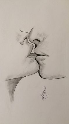 a drawing of two people kissing each other with their noses close to one another's face