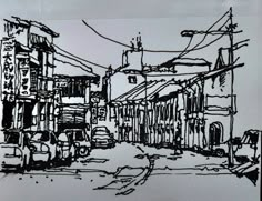 an ink drawing of a city street with cars and telephone wires in the sky above