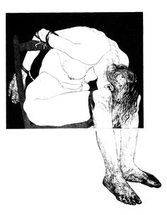 a black and white drawing of a woman laying on the ground with her head down