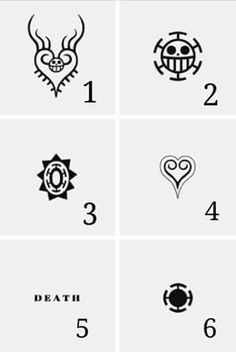 six different types of tattoos are shown in black and white, with the number one on each