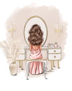 a drawing of a woman sitting at a vanity with her hair styled into a bun