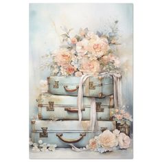 a painting of suitcases with flowers on the top and bottom, all in pastel blue