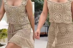 two pictures of a woman wearing a dress with crochet on the bottom and side