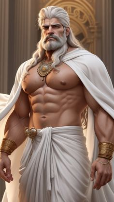 digital painting that fuses the qualities of Zeus and a Hindu warrior, showcasing their rugged handsomeness, majesty, and intricate details.Zeus should be depicted with long, flowing white hair, an expression of regal authority on his face, and a robust and muscular physique that exudes masculinity. Kratos With Hair, Mens Pictures, Zeus God, Hot Characters, Muscular Physique, Jeep Wheels, Magic Bottles, Golden Dragon