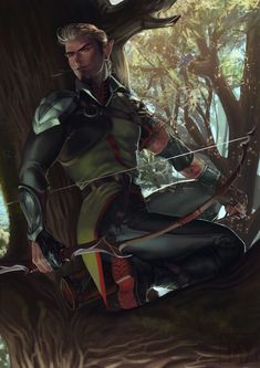 an image of a man in the woods with bow and arrow on his knee, sitting next to a tree