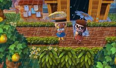 an animal crossing game is shown in the rain, with two people walking through it