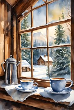 a painting of two cups on a window sill in front of a snowy cabin