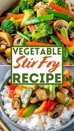 vegetable stir fry recipe in a pan with rice and broccoli on the side