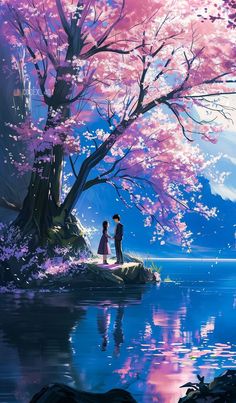 two people standing in front of a lake under a tree with pink blossoms on it