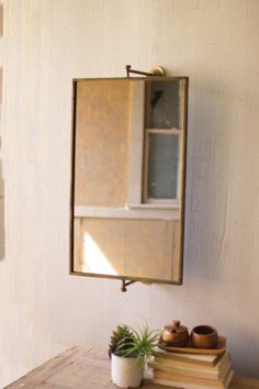 a mirror hanging on the wall next to a potted plant