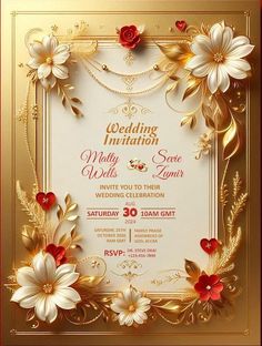 wedding card with flowers and pearls on it