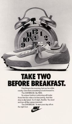 an advertisement for nike shoes with a clock on the front and bottom half of it