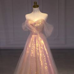 Pink Sparking Evening Dress for Women A-Line vestidos de noche mujer Off the Shoulder Prom Party Pink Sparkly Wedding Dress, Fairy Tail Prom Dresses, Fairy Prom Dress, Iridescent Dress, Dress Quinceanera, Xxxl Dress, Pink Sparkly, Quinceanera Dress, Prom Dresses Vintage